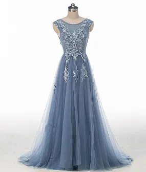 Blue round neck tulle lace applique long prom dress, blue evening dress