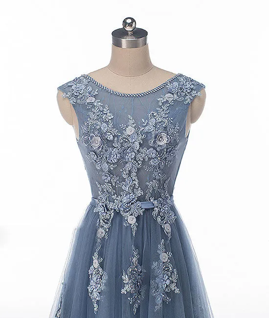 Blue round neck tulle lace applique long prom dress, blue evening dress