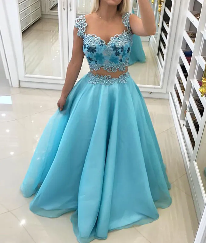 Blue sweetheart two pieces long prom dress, blue evening dress