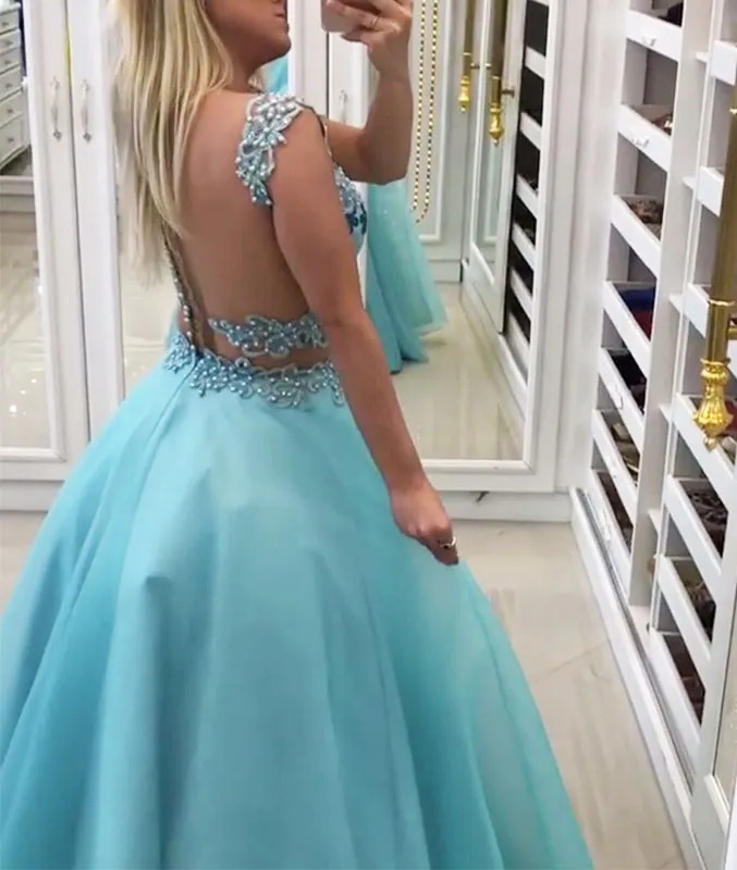 Blue sweetheart two pieces long prom dress, blue evening dress