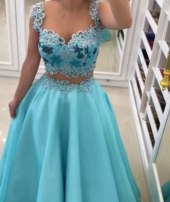 Blue sweetheart two pieces long prom dress, blue evening dress