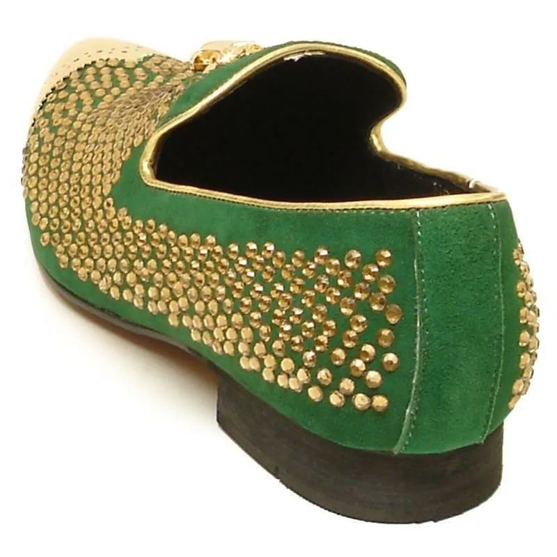 Men's Fiesso Green Suede with Gold Crystals Metal Tip Slip On Shoes FI 6968