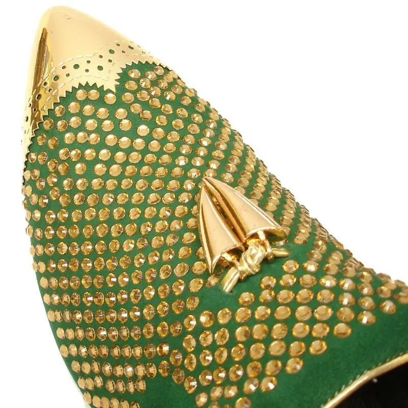 Men's Fiesso Green Suede with Gold Crystals Metal Tip Slip On Shoes FI 6968