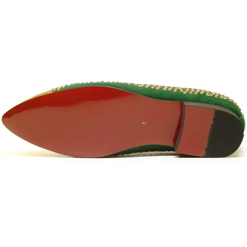 Men's Fiesso Green Suede with Gold Crystals Metal Tip Slip On Shoes FI 6968