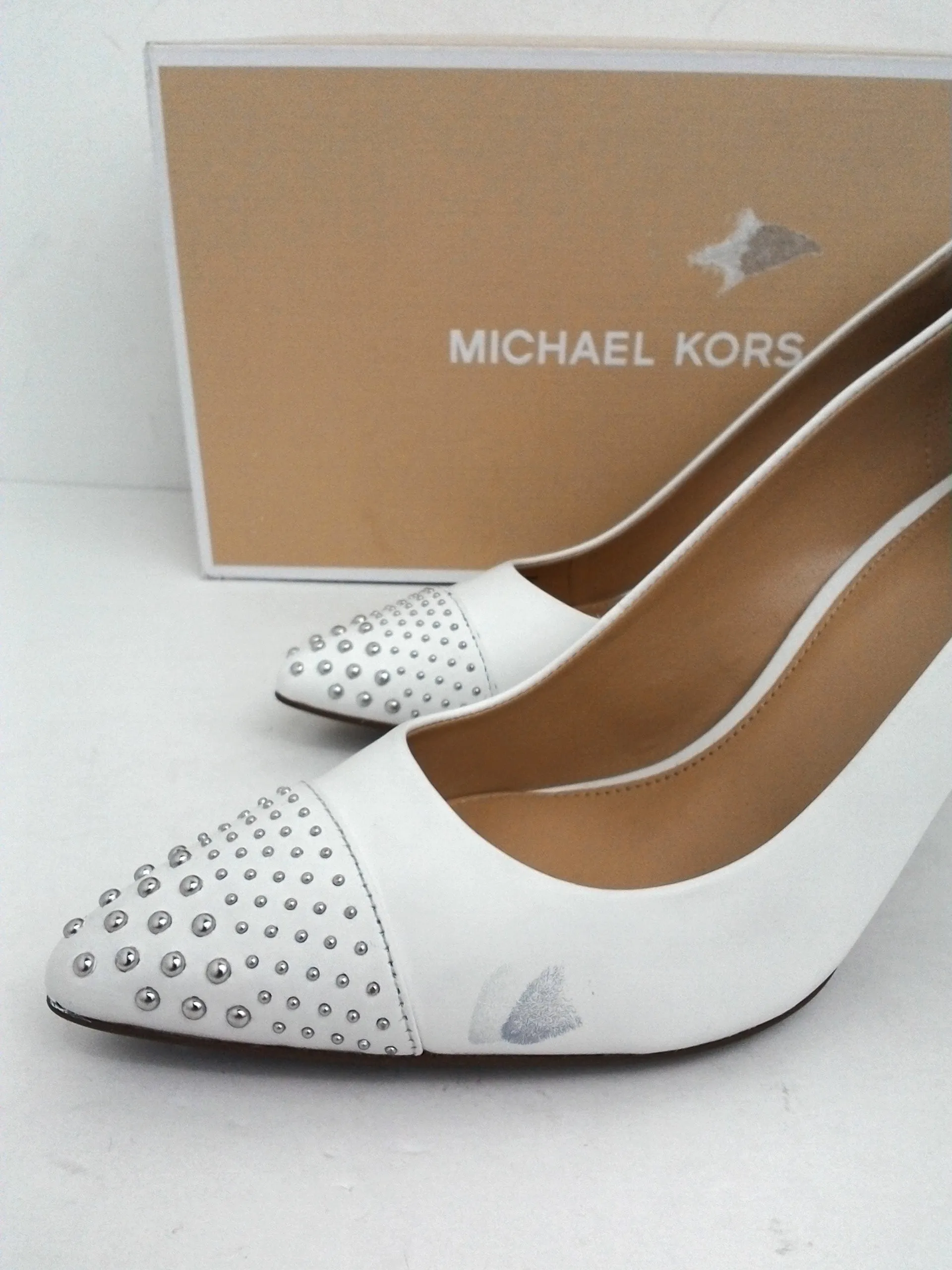 Michael Kors Women's Dorothy Flex Mid Toe Cap White Leather Heels Size 9 M