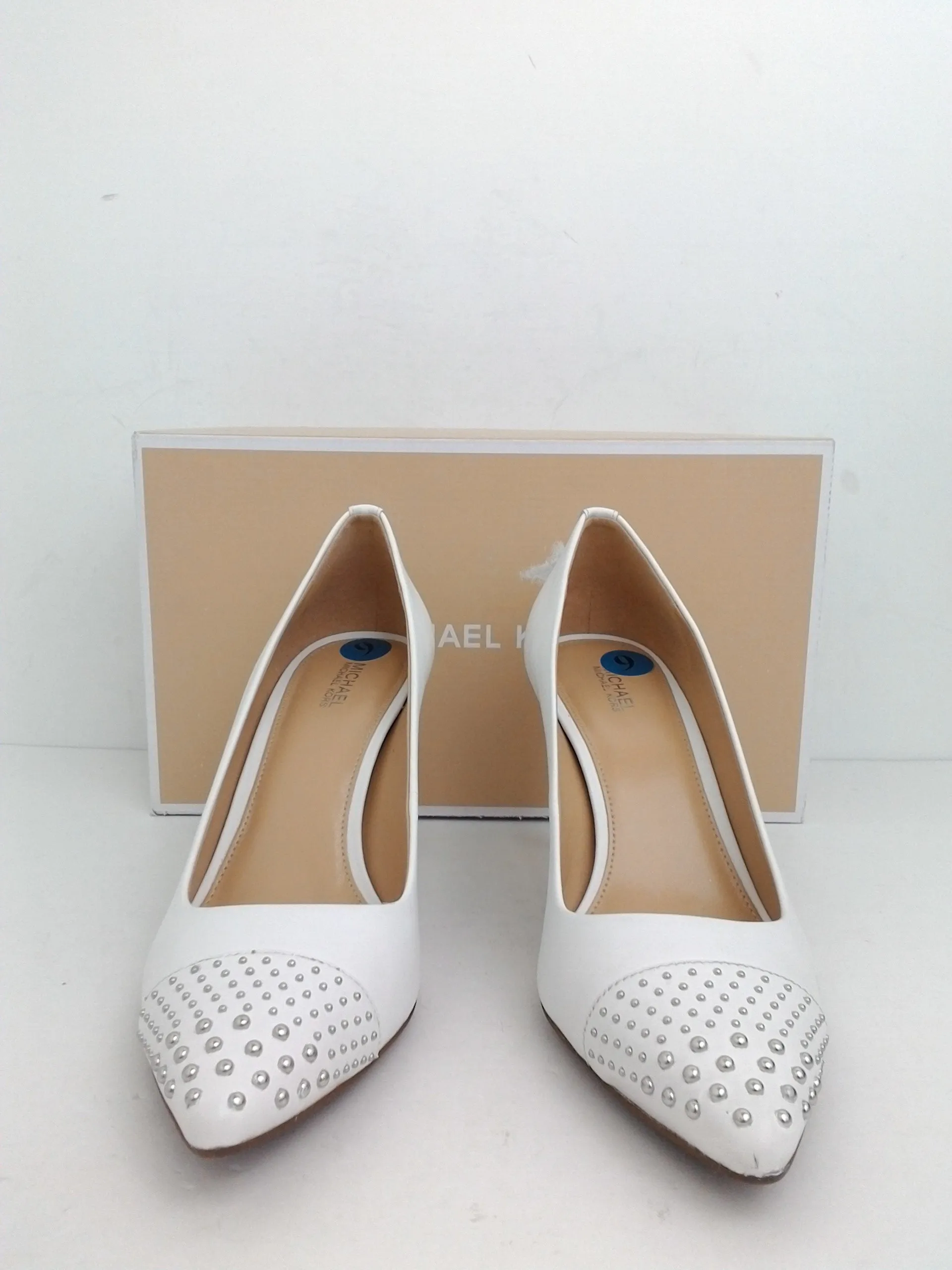 Michael Kors Women's Dorothy Flex Mid Toe Cap White Leather Heels Size 9 M