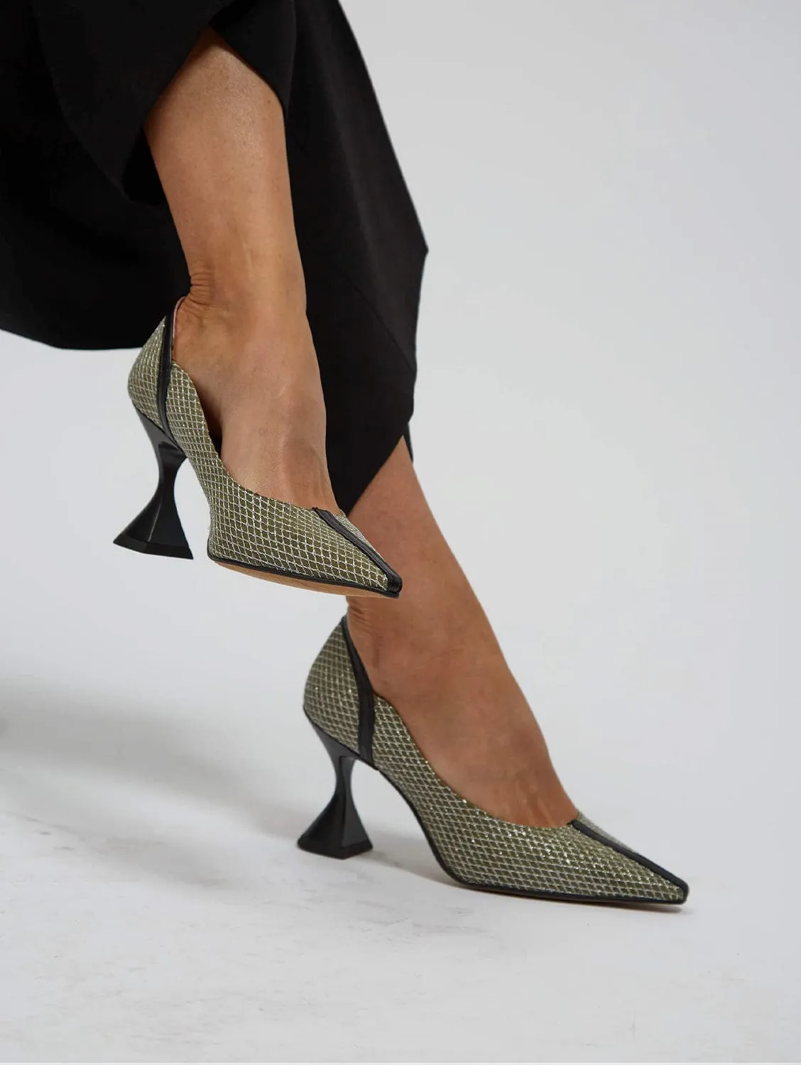 Ottilie Vegan Heeled Pumps | Green & Silver