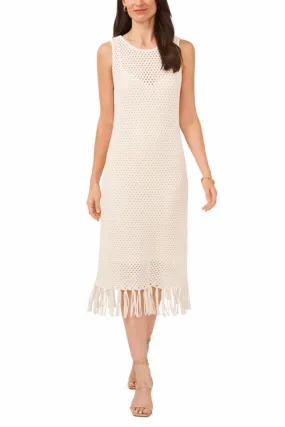 Vince Camuto Apparel SLEEVELESS MESH STITCH SWEATER DRESS W FRINGE HEM V205/BIRCH