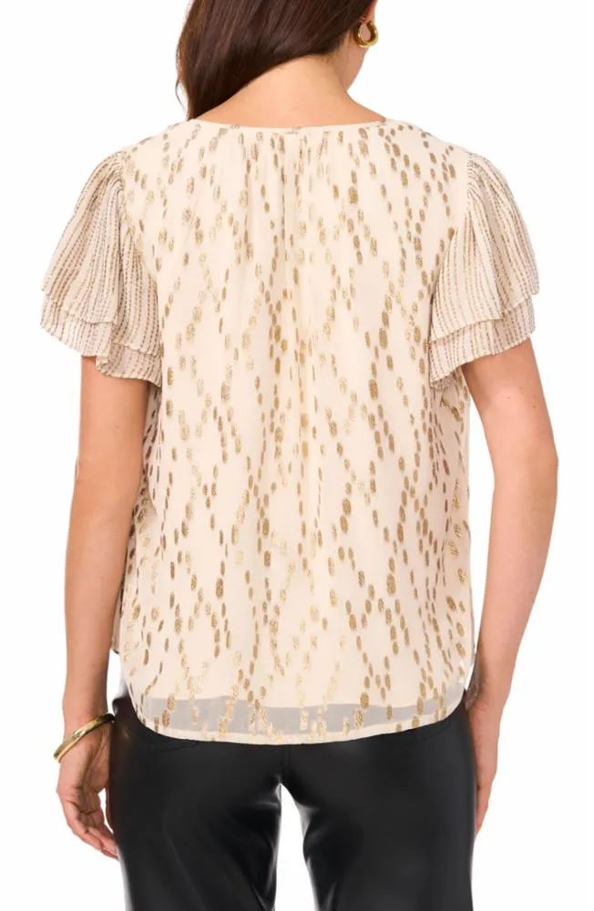 Vince Camuto Apparel SPLIT NECK BLOUSE W DOUBLE FLUTTER SLV V182/SOFT CREAM