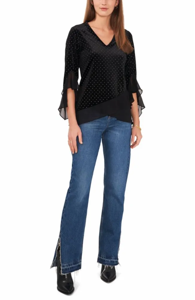 Vince Camuto Apparel V NECK WITH LAYERED BOTTOM AND RUFFLE SLV 060/RICH BLACK VC